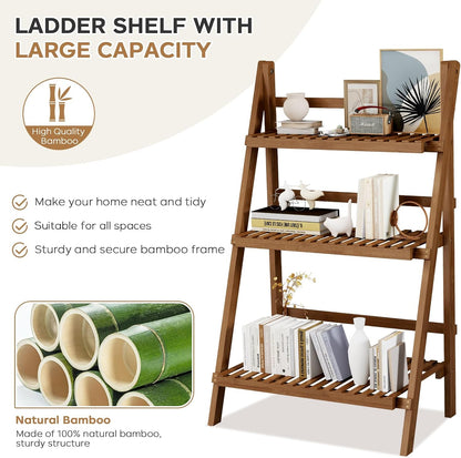 39.4" Bamboo Ladder Shelf Plant Shelf, 3 Tier Foldable Ladder Flower Pot Display Shelf Rack, 23.6"W X 15"D X 39.4"H, Freestanding Bookshelf for Garden, Balcony, Yard, Patio, Lawn, Living Room, Walnut