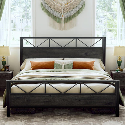 King Bed Frame, Tall Industrial Headboard 51.2 ", Platform Bed Frame with Strong Metal Support, Solid and Stable, Noise Free, No Box Spring Needed, Easy Assembly, Charcoal Grey