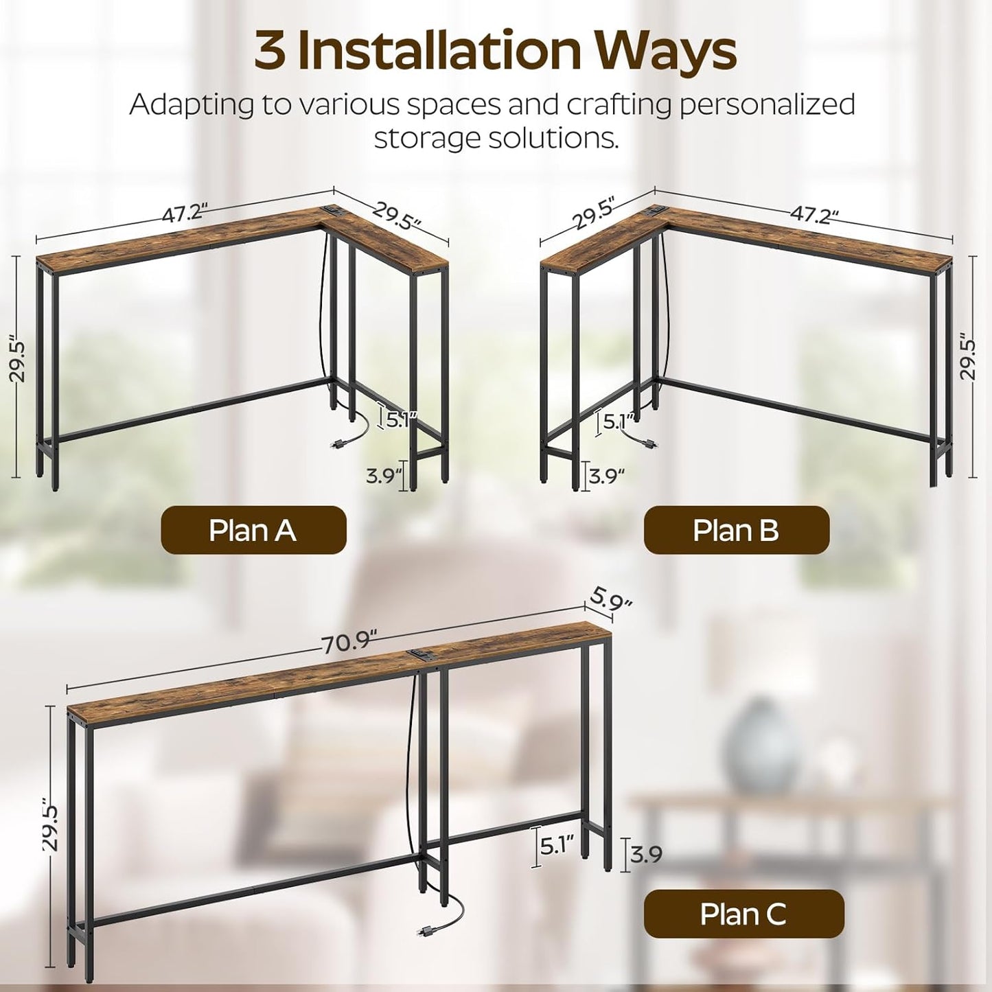Narrow Console Table with Outlets, 70.9" Sofa Table Narrow Long, L Shaped behind Couch Entryway Table with Charging Station, for Living Room, Hallway, 3 Assembly Options, Rustic Brown CT07UBR
