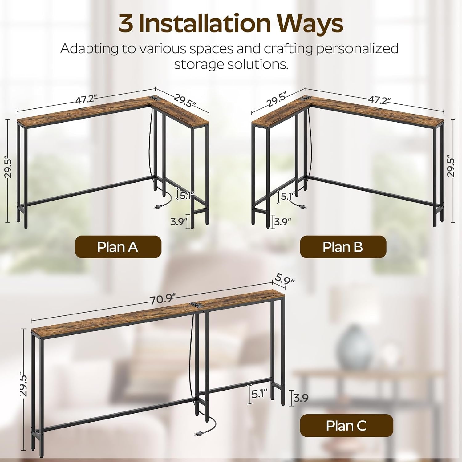 Narrow Console Table with Outlets, 70.9" Sofa Table Narrow Long, L Shaped behind Couch Entryway Table with Charging Station, for Living Room, Hallway, 3 Assembly Options, Rustic Brown CT07UBR