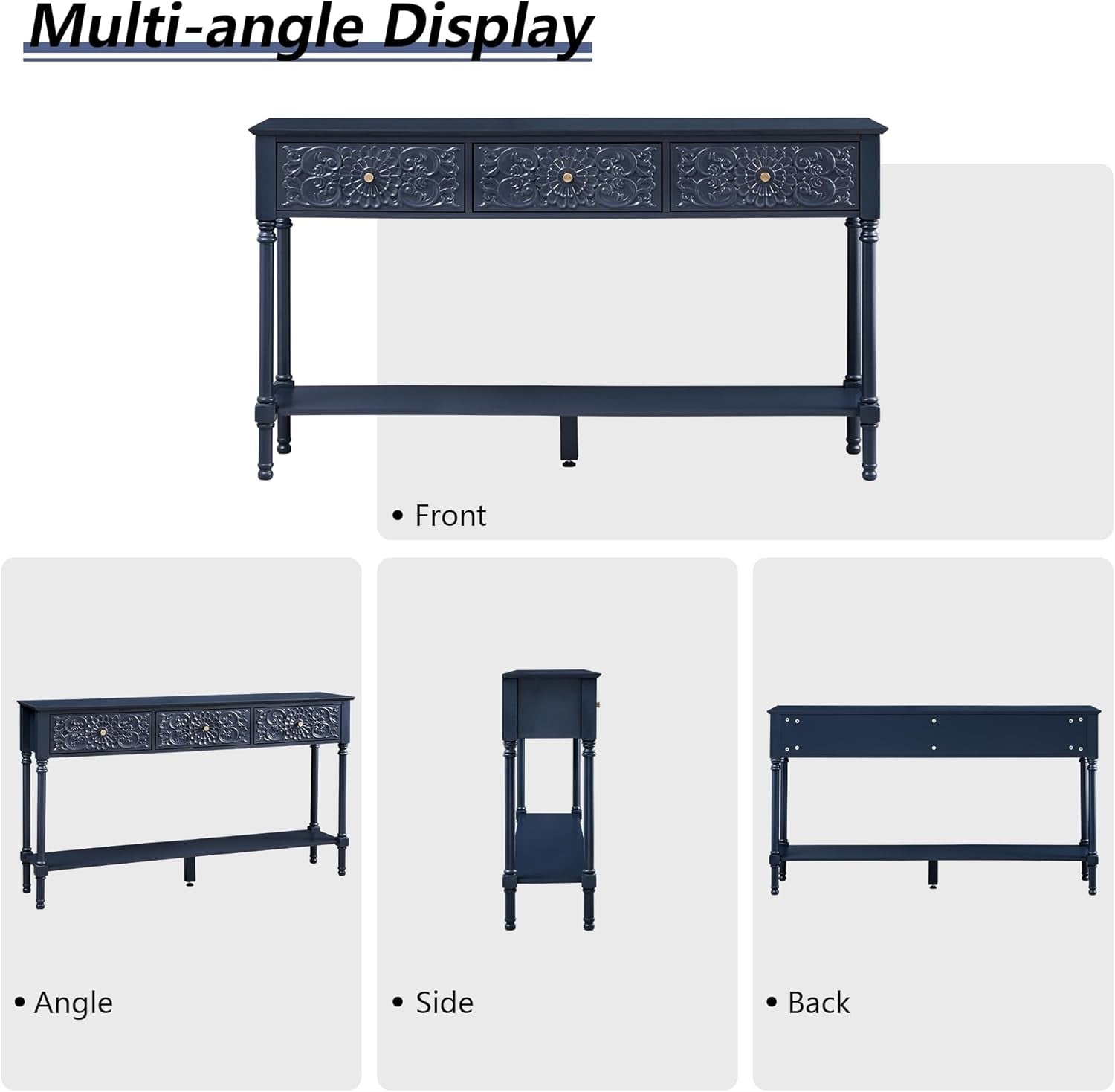 55.5" Carved Console Table with 3 Drawers, 2-Tier Sofa Table with Glossy Floral Surface and Solid Wood Legs, Mid-Century Modern Entryway Table for Living Room Hallway (Antique Black-Brown)