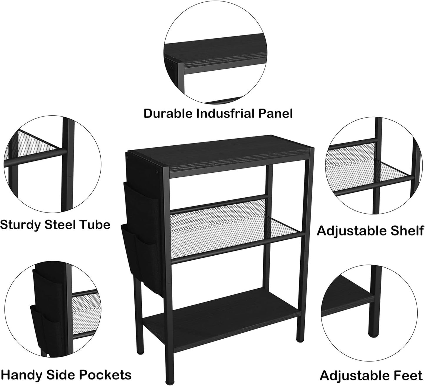 Small Narrow Side Table for Small Spaces, Slim End Table with Storage Bag, Sofa Snack Table with Adjustable Metal Mesh, 3 Tier Accent Skinny beside Table for Living Room & Bedroom, Black Oak