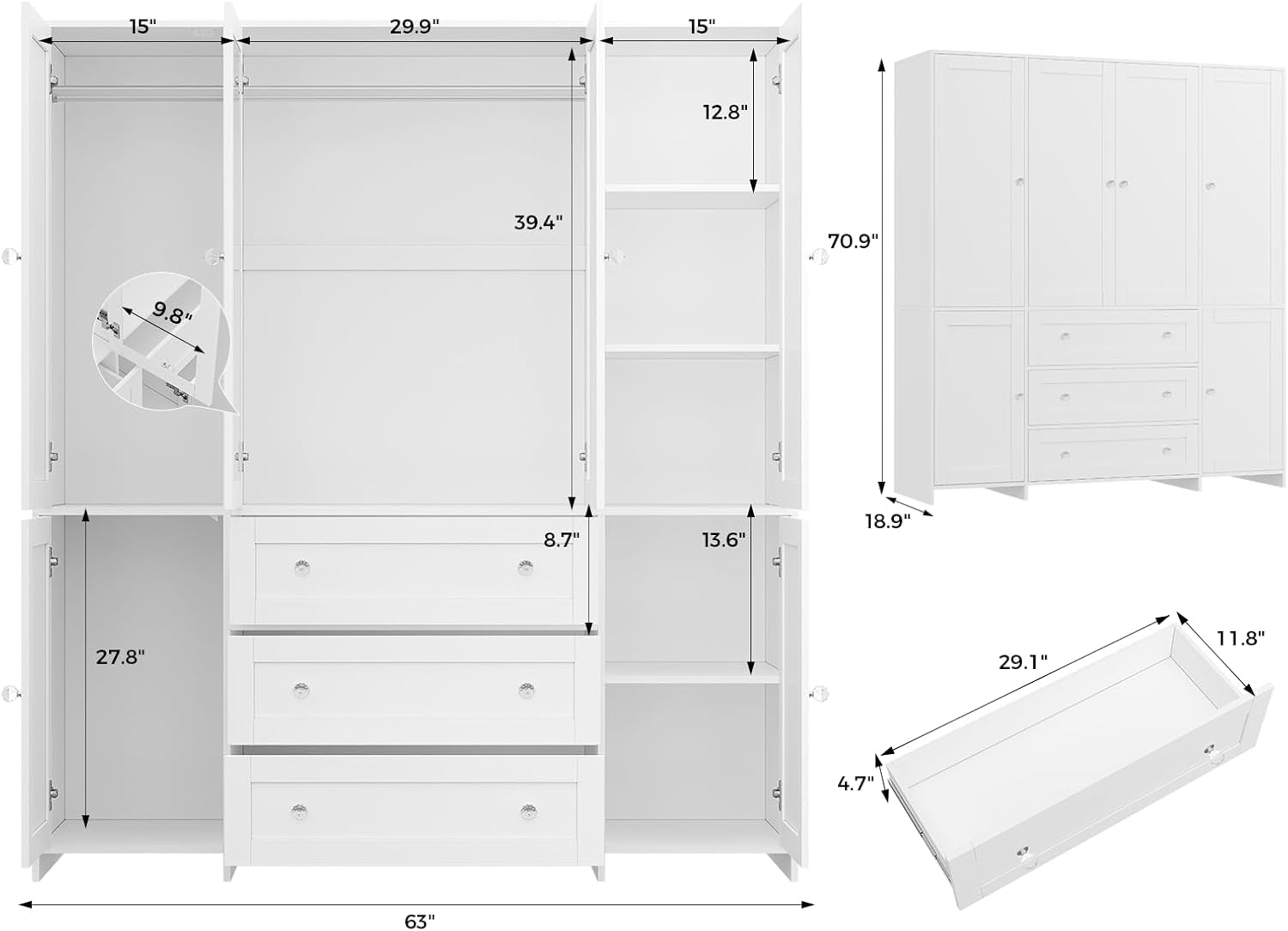 Armoire Wardrobe Closet with Drawers and Mirror, 71" Clothing Storage Cabinet with Hanging Rod, 6 Doors Wooden Wardrobe Cabinet for Bedroom, Large Capacity Storage