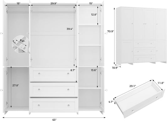 Armoire Wardrobe Closet with Drawers and Mirror, 71" Clothing Storage Cabinet with Hanging Rod, 6 Doors Wooden Wardrobe Cabinet for Bedroom, Large Capacity Storage