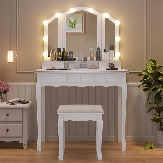 Makeup Vanity with Lights, Vanity Desk with Lighted Mirror and Stool, Vanity Table Set with 5 Drawers, 3 Light Settings, Adjustable Brightness, White
