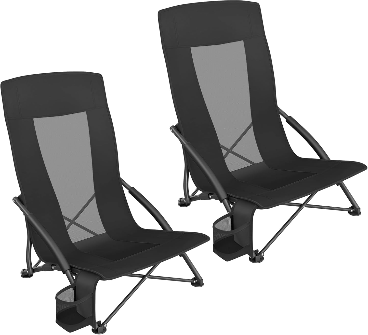 Set of 2 Portable Beach Chairs for Adults, Max. Load 330 Lb Each, High Backrest, Cup Holder, Lightweight, Heavy-Duty, Black UGCB067B01V1