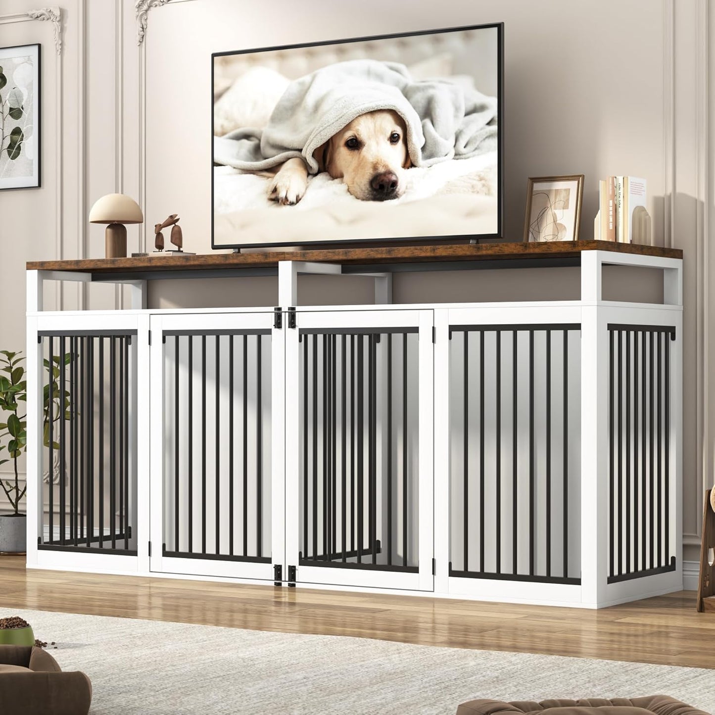 87In Farmhouse Dog Crate TV Stand, Wooden Dog Kennel Furniture with 2 Doors, Large Dog Crate Furniture for 2 Dogs, Solid Metal Tube & 4 Lockable Doors, White