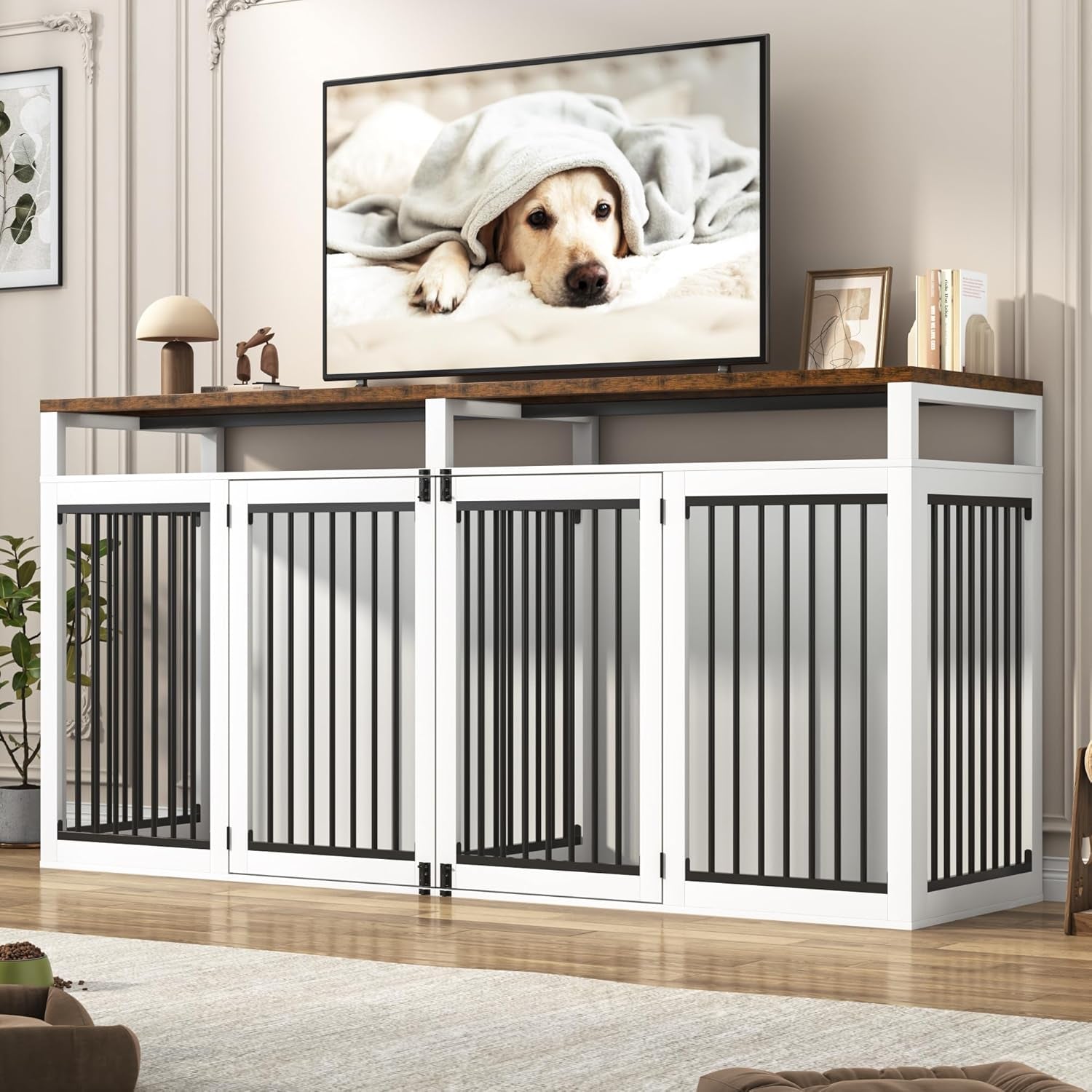 87In Farmhouse Dog Crate TV Stand, Wooden Dog Kennel Furniture with 2 Doors, Large Dog Crate Furniture for 2 Dogs, Solid Metal Tube & 4 Lockable Doors, White