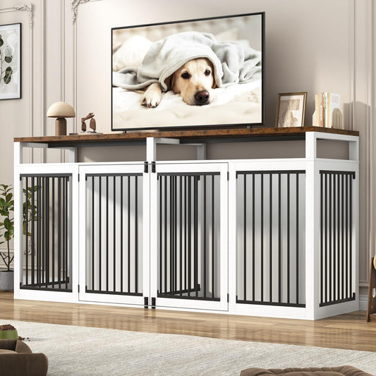 87In Farmhouse Dog Crate TV Stand, Wooden Dog Kennel Furniture with 2 Doors, Large Dog Crate Furniture for 2 Dogs, Solid Metal Tube & 4 Lockable Doors, White