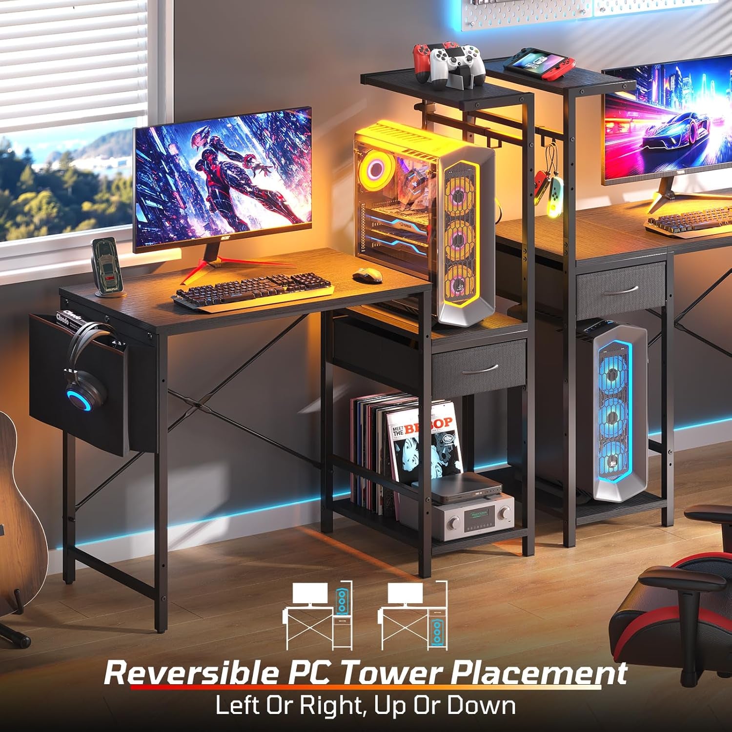 44 Inch Gaming Desk for Small Spaces, Reversible Computer Desk with Drawers & Shelves, Modern Gamer Desk Table with Side Bag & Headphone Hook for Home Office, Black