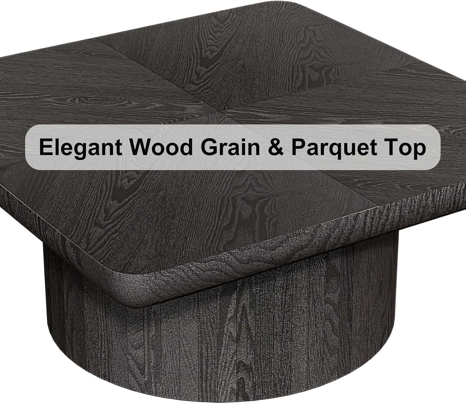 Modern Square Coffee Table with Cylindrical Base, Wood Coffee Table with Parquet Pattern & Thickened Tabletop, Center Table Tea Table for Living Room Apartment, 34.6''L×34.6''W×14.9''H, Black