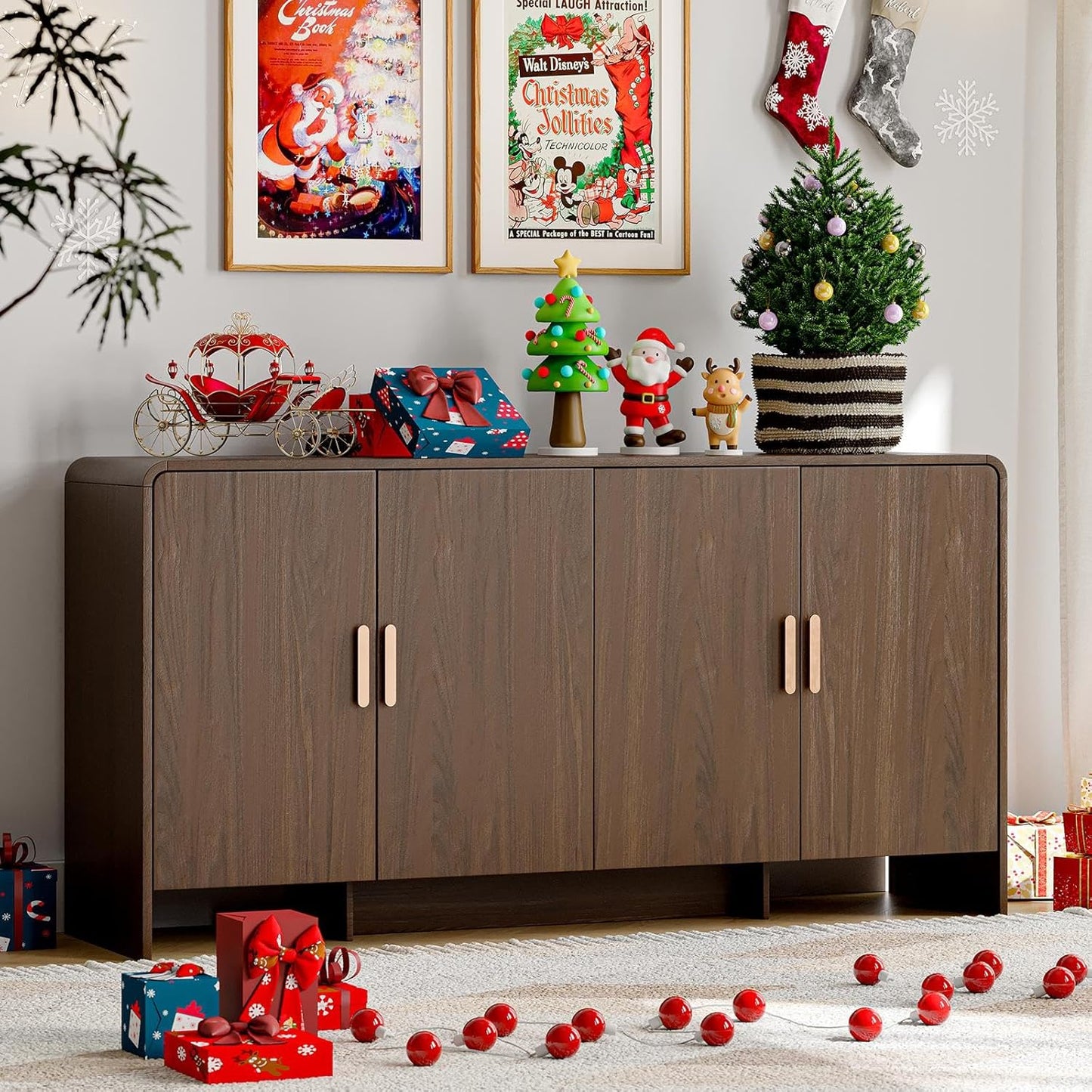 60" Sideboard Buffet Cabinet with Storage, Curved Design Farmhouse Coffee Bar Cabinet with 4 Doors & Adjustable Shelves for Living Room, Kitchen, Hallway, Walnut