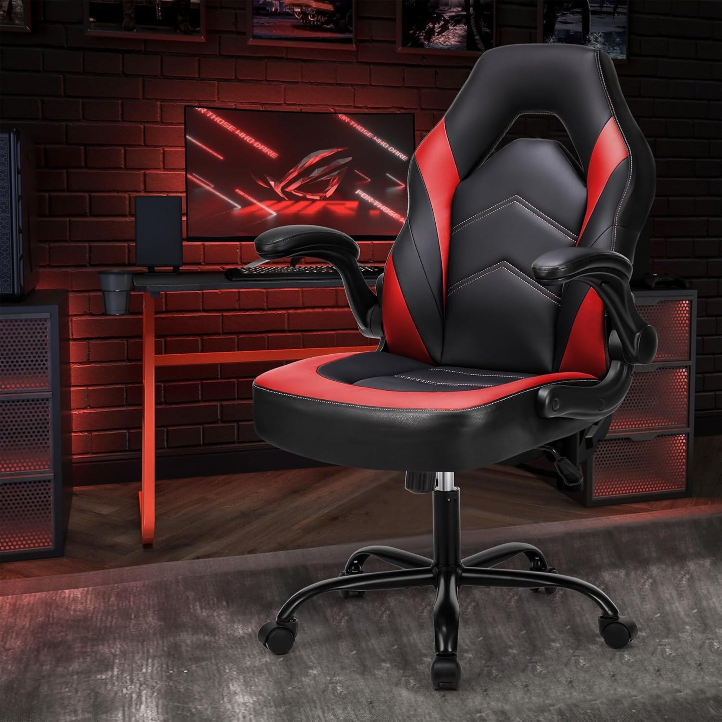 Computer Gaming Desk Chair - Ergonomic Video Game with Comfy Lumbar Support and Headrest, PU Leather with Flip-Up Arms, Adjustable Height and Swivel Wheels, for Adults, Black and Red