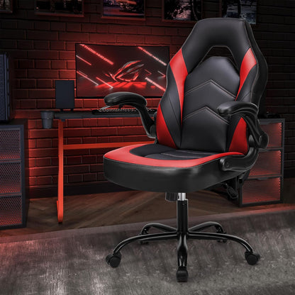 Computer Gaming Desk Chair - Ergonomic Video Game with Comfy Lumbar Support and Headrest, PU Leather with Flip-Up Arms, Adjustable Height and Swivel Wheels, for Adults, Black and Red