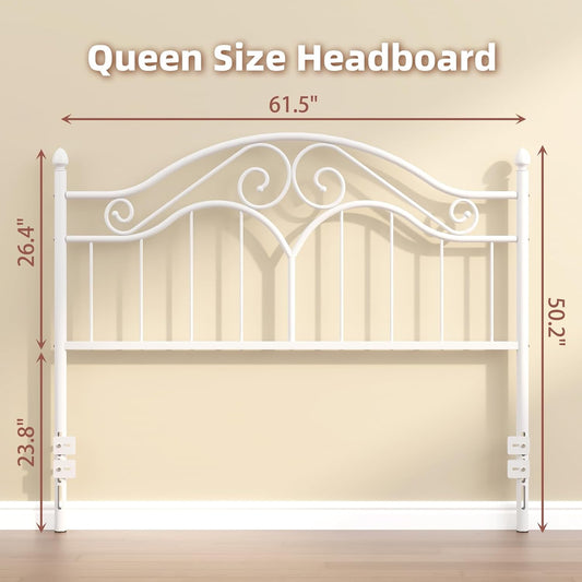 Headboard for Queen Size Bed Frame, Vintage Platform Bed Metal Headboard Only, Height Adjustable, Sturdy and Stable, Queen Size, Easy Assembly,White