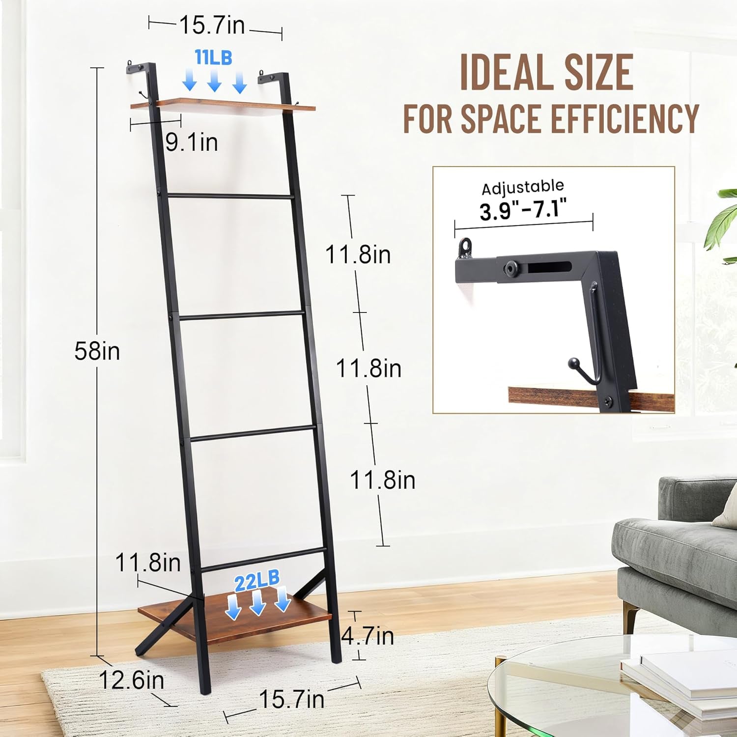 5 Tier Blanket Ladder with Shelf and Hooks, 4.8Ft Metal Ladder Shelf Blanket Holder Storage Rack for Living Room, Free Standing Blanket Rack for Storage and Home Decor