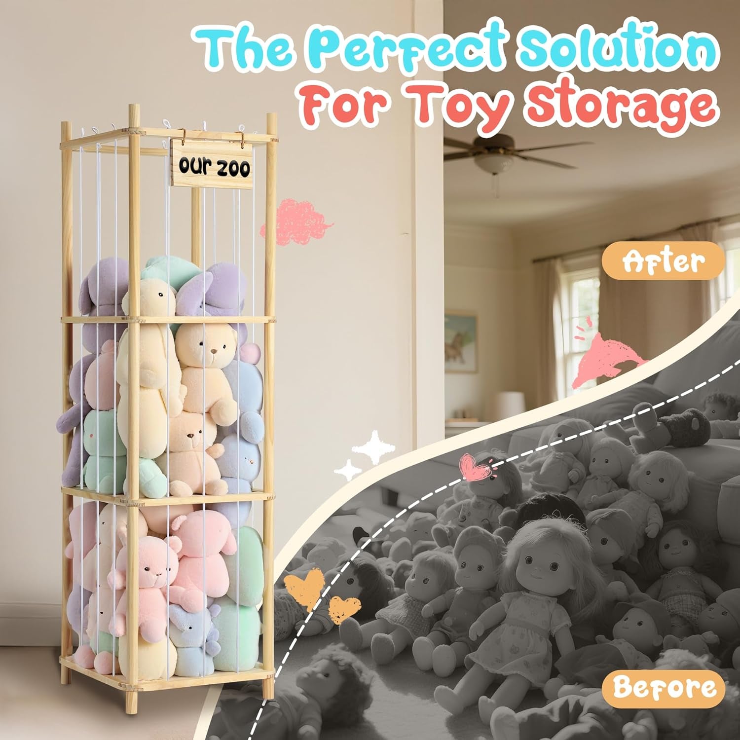 Stuffed Animal Storage, Wooden Zoo Stuffed Animal Holder with Elastic Cords, Space save Toy Organizer, Extra Large Capacit Stuffed Animal Organizer for Playroom, Bedroom, Nursery