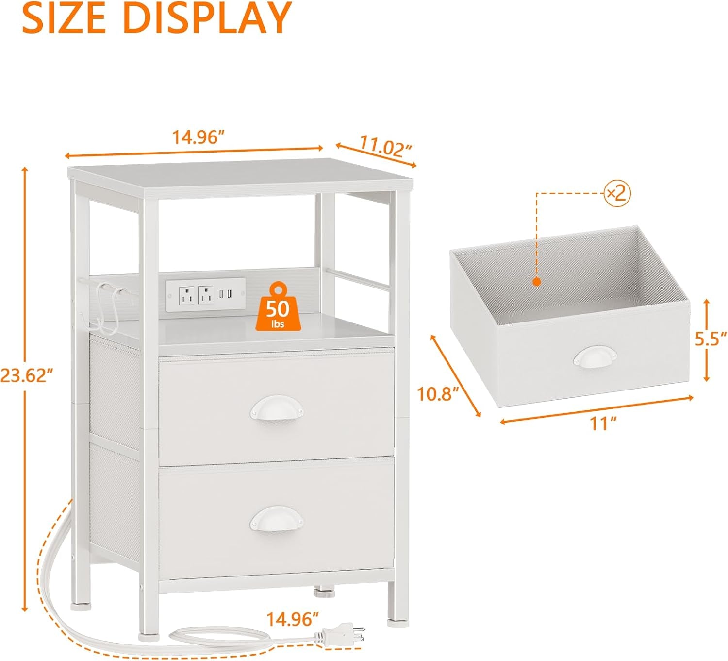 End Table with Charging Station, Nightstand with Fabric Drawers, Side Tables with USB Ports & Outlets, Night Stand with Storage Shelf & Hooks, for Living Room/Bedroom, White