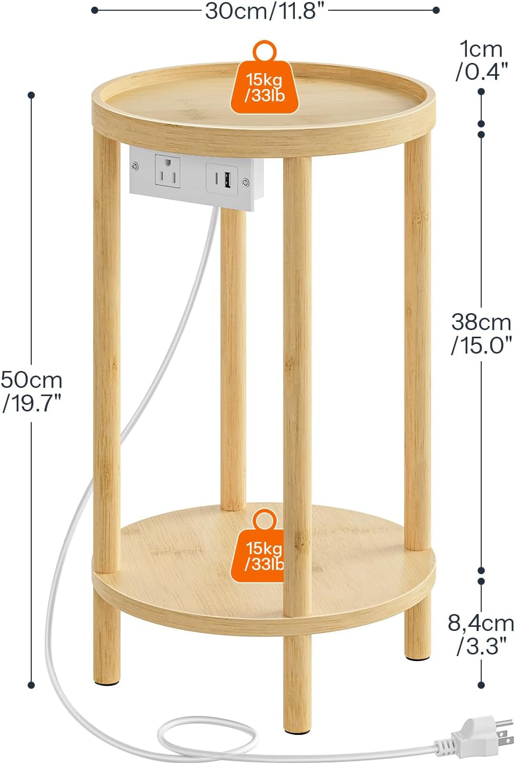 Small round Side Table with Charging Station, 2-Tier round Bamboo End Table, Compact Sofa Bedside Table for Small Space, Easy Assembly, for Living Room, Bedroom, Apartment, Natural YL156UBZ01