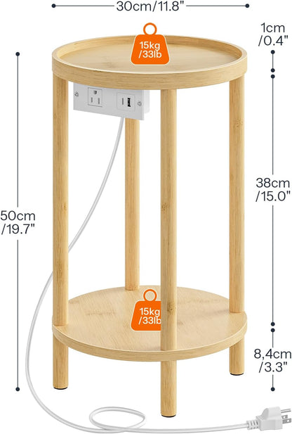 Set of 2 Small round Side Tables with Charging Station, 2-Tier round Bamboo End Tables, Easy Assembly, for Living Room, Bedroom, Apartment, Natural YL156UBZP201