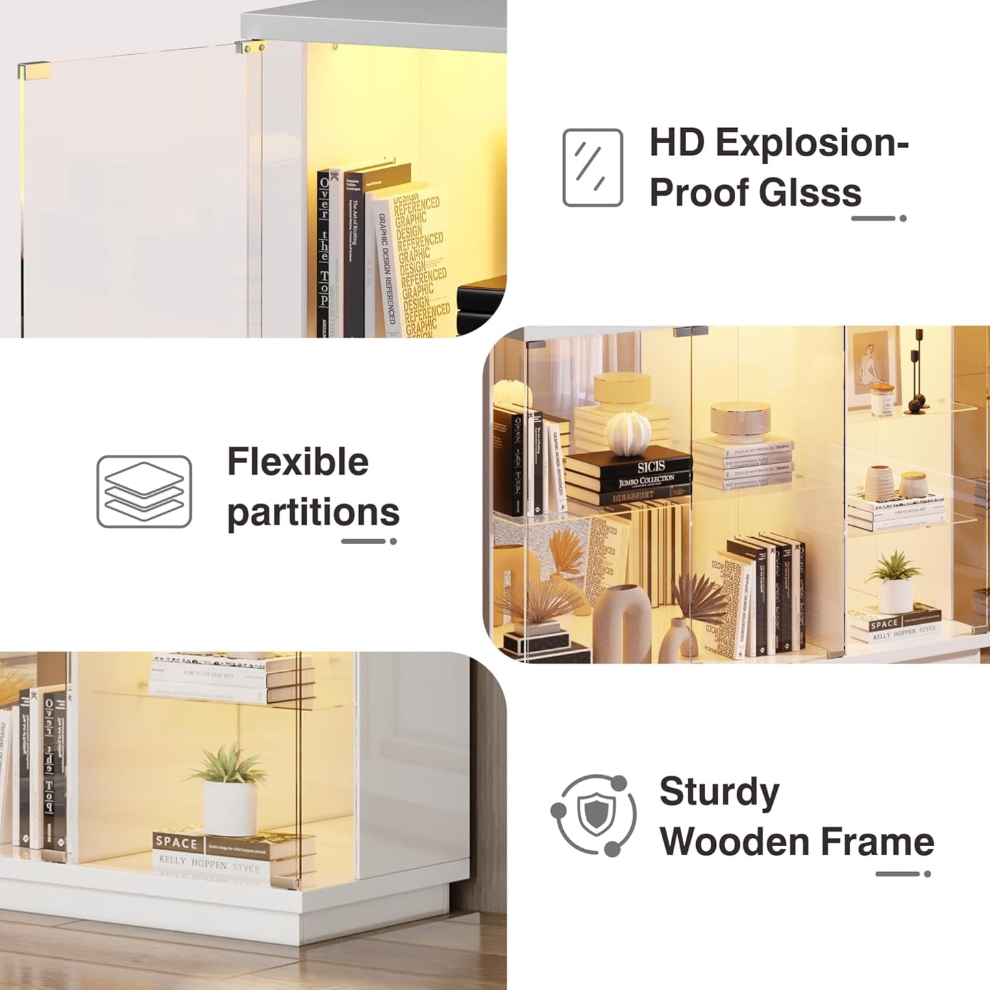 Glass Display Cabinet with Lock & LED Light, High Gloss Sideboard with Human Body Sensor & Glass Shelves for Toys, Books, Collectibles, Liquor, Bookcase for Living Room, Kitchen, Study, White