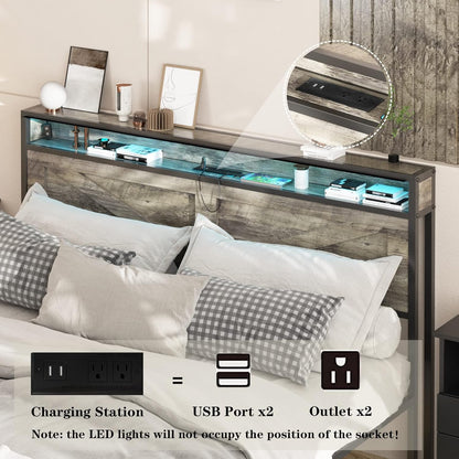 LED Full Size Bed Frame with Charging Station, Platform Metal Bed with Headboard Storage & USB Ports Outlets, Farmhouse Bed Frame with Lights for Bedroom, Noise Free, Wash Grey (Full)