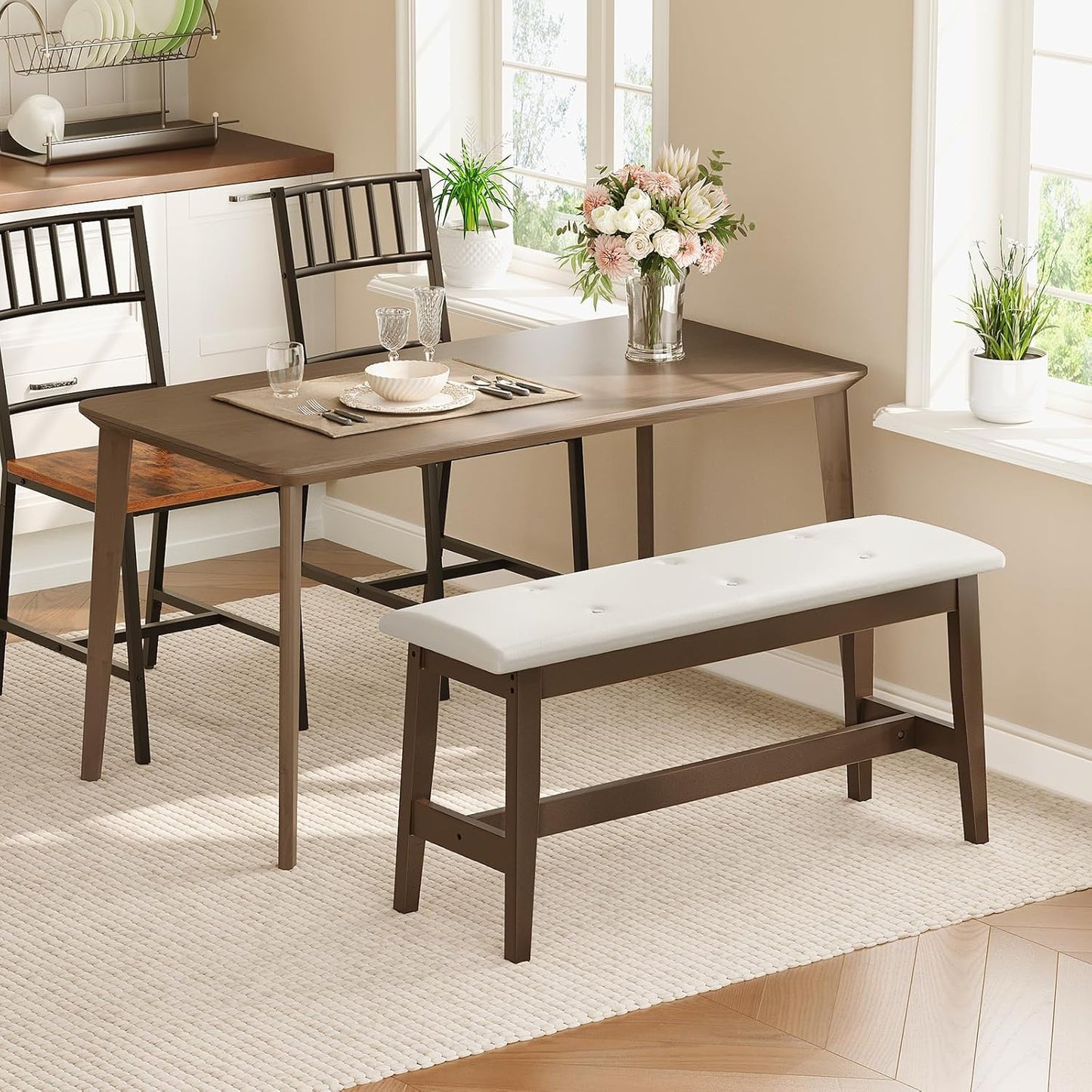 Dining Bench, Bamboo Dining Room Bench with PU Leather Upholstered Seat, for Kitchen, Living Room, Hallway, Kitchen, Entryway, Beige and Brown CE13CD01