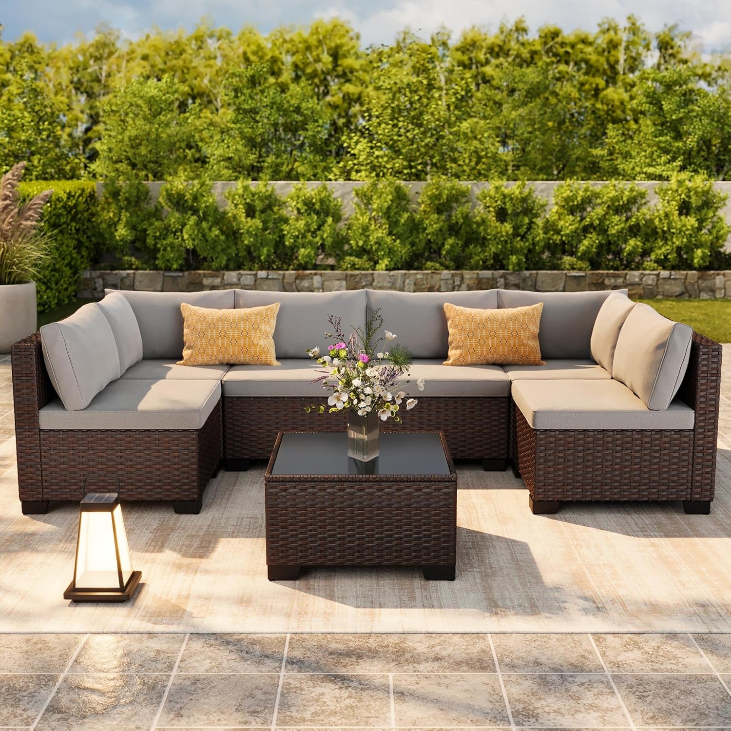 7-Piece Patio Furniture Set, Outdoor Sectional Couch with Water-Resistant Cushions & Coffee Table, PE Rattan Outdoor Patio Sofa Set for Backyard, Deck, Garden, or Porch, Grey