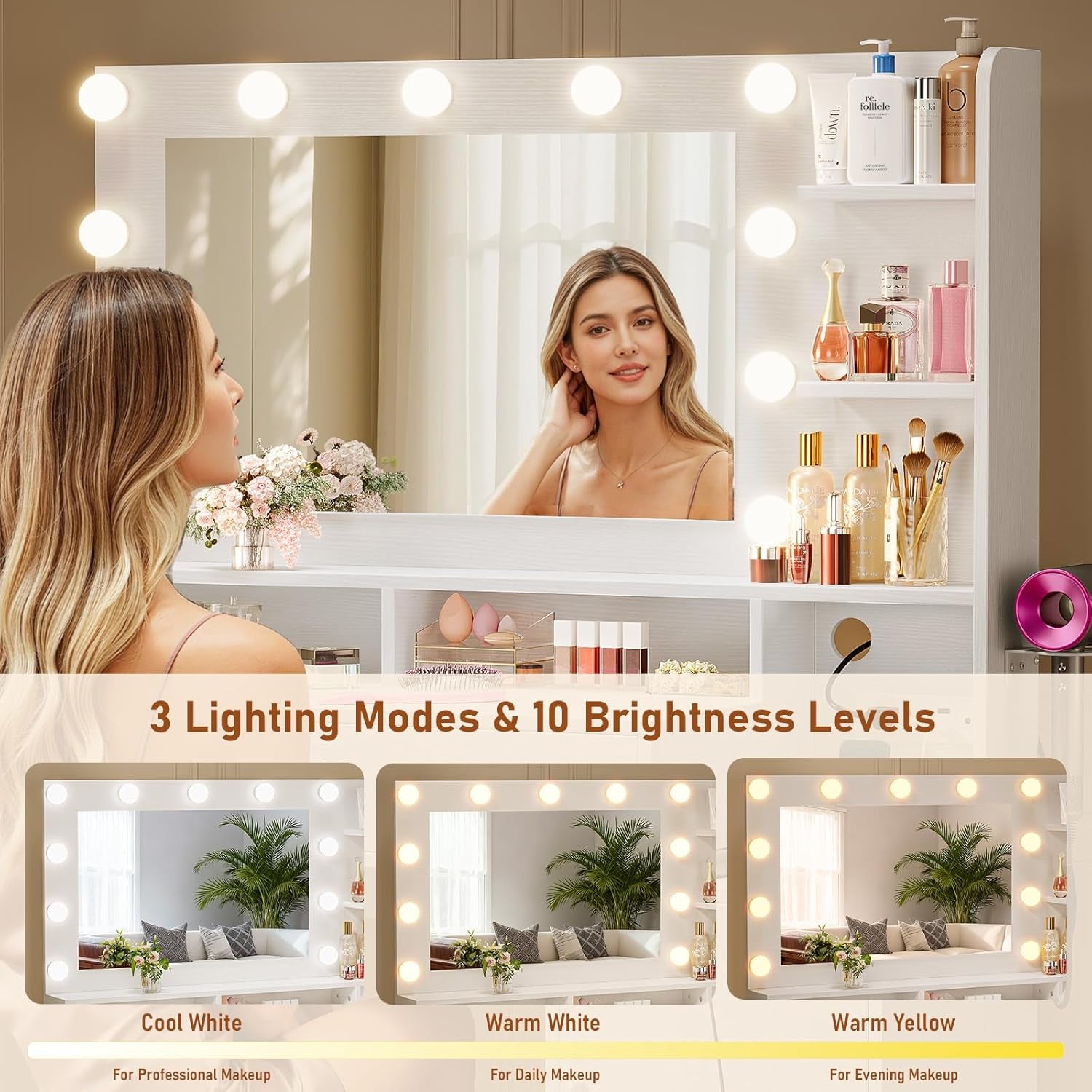 Vanity Desk with Mirror and Lights, Makeup Vanity with Storage Drawer, Power Outlet and Large Cabinet for Bedroom - White