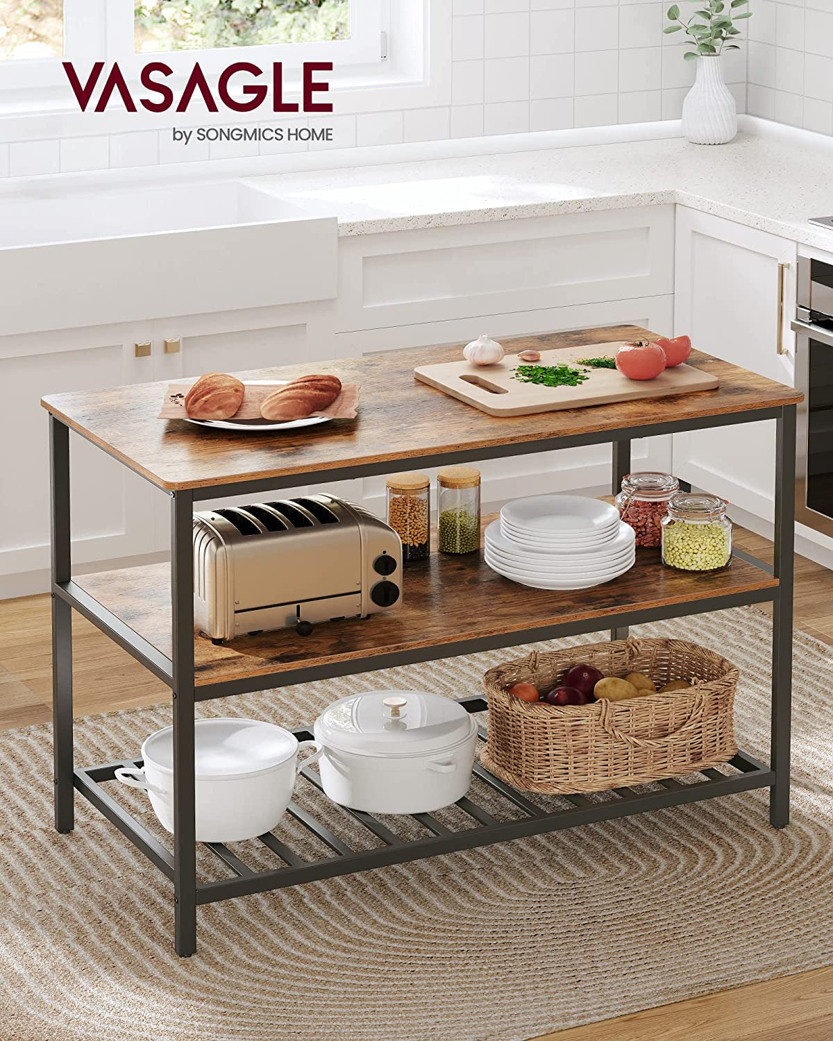Kitchen Island with 3 Shelves, 47.2 Inches Width Kitchen Shelf with Large Worktop, Stable Steel Structure, Industrial, Easy to Assemble, Rustic Brown and Black UKKI01BX
