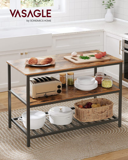 Kitchen Island with 3 Shelves, 47.2 Inches Width Kitchen Shelf with Large Worktop, Stable Steel Structure, Industrial, Easy to Assemble, Rustic Brown and Black UKKI01BX