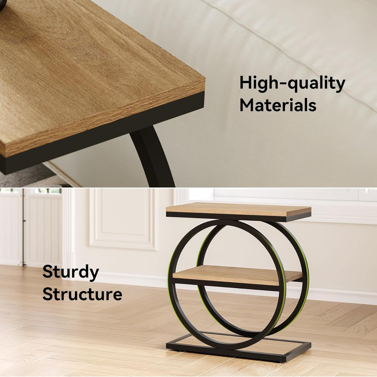 3-Tier End Table, Side Table with Storage Shelves, Small Sofa Side Table for Living Room, Wooden Side End Table with Double round Metal Legs, Slim Nightstand and Bedside Table, Oak