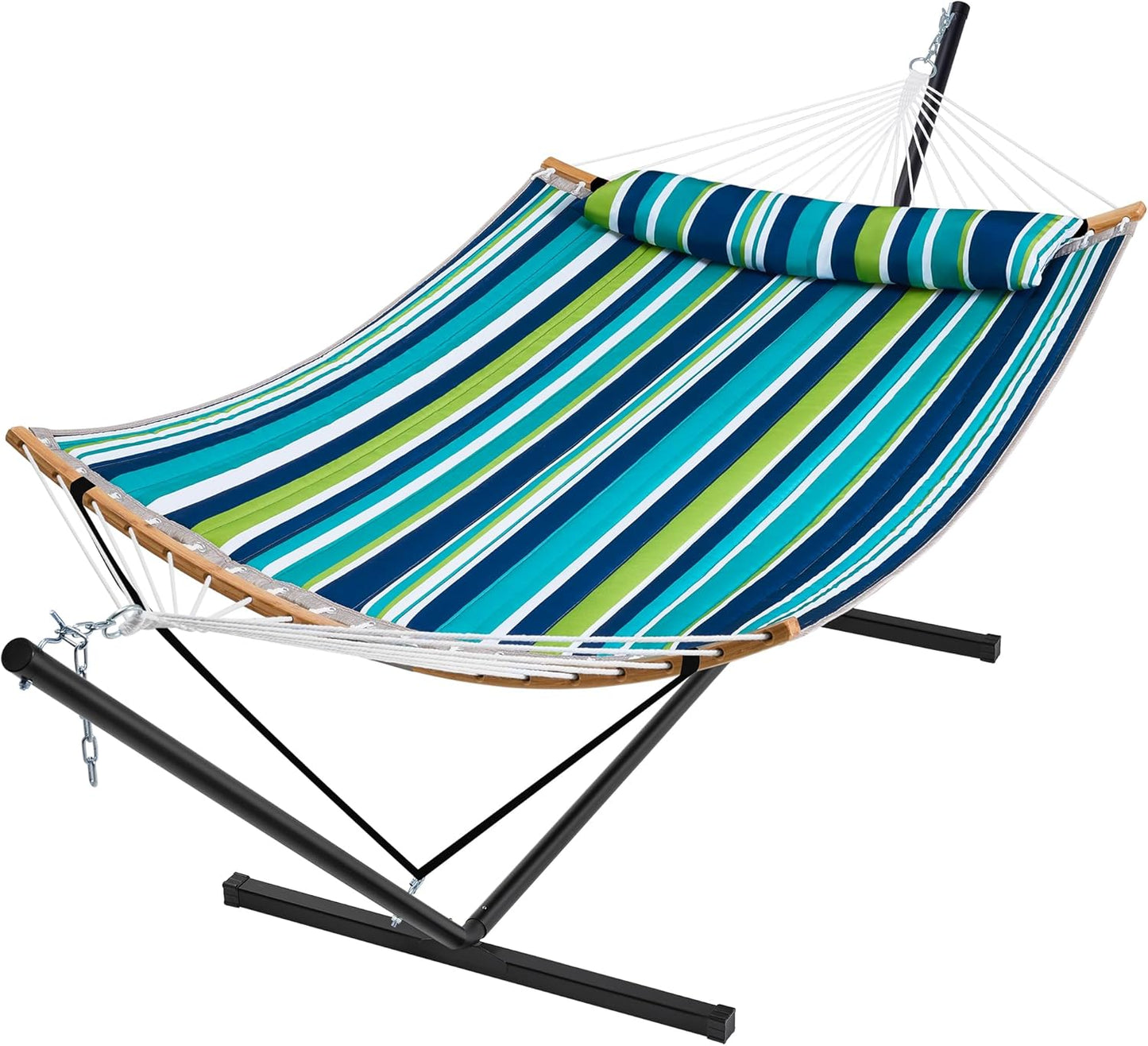 Hammock with Stand, 2 Person Heavy Duty Hammock with Padded Cotton, Detachable Pillow & Strong Curved-Bar & Portable Carrying Bag, Perfect for Outdoor & Indoor - Dark Cyan