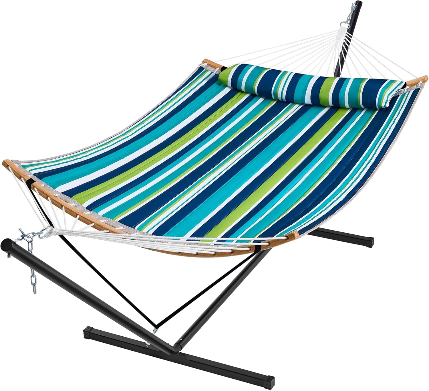 Hammock with Stand, 2 Person Heavy Duty Hammock with Padded Cotton, Detachable Pillow & Strong Curved-Bar & Portable Carrying Bag, Perfect for Outdoor & Indoor - Dark Cyan