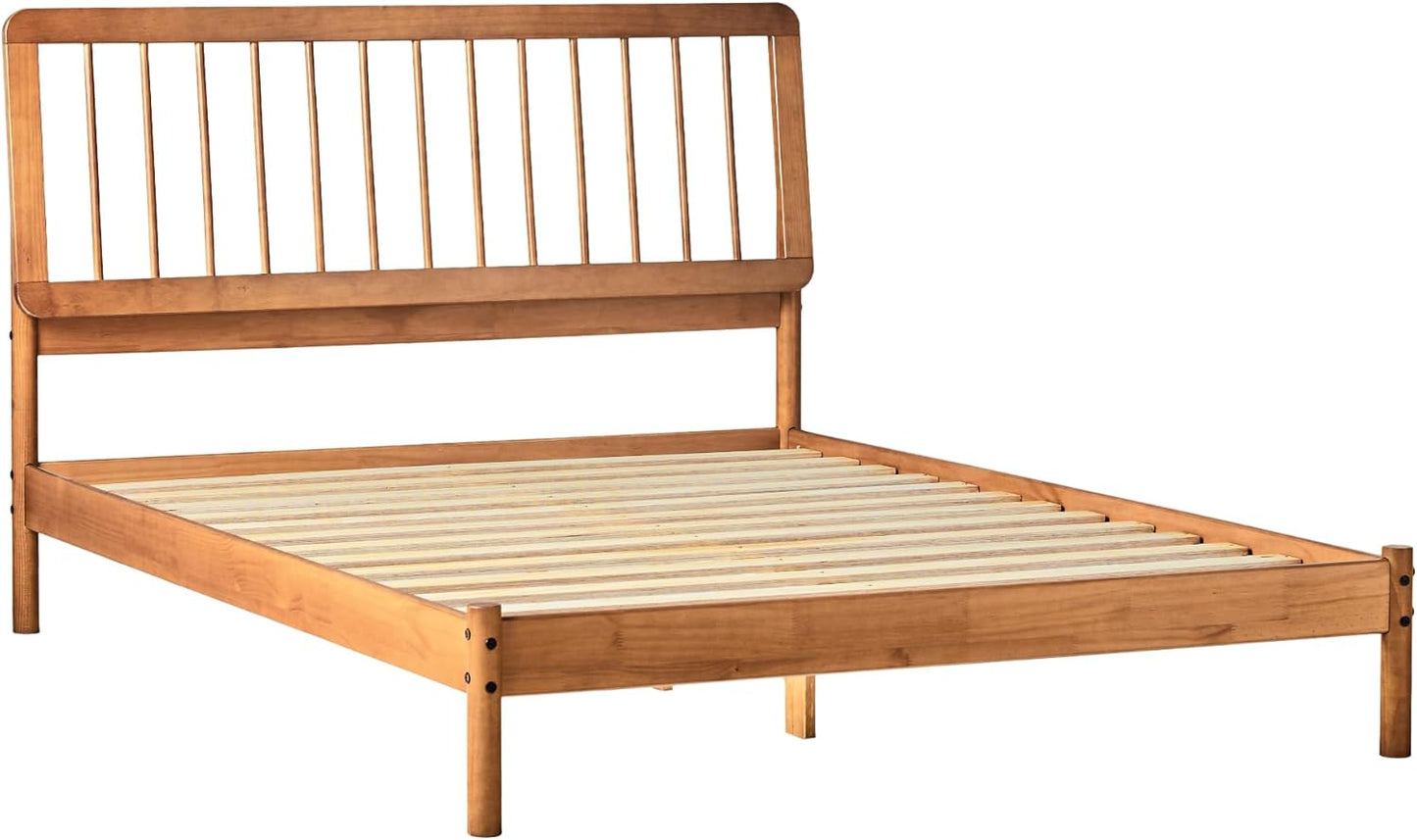 Clemente Mid-Century Modern Spindle Headboard Queen Bedframe, Queen Size, Caramel