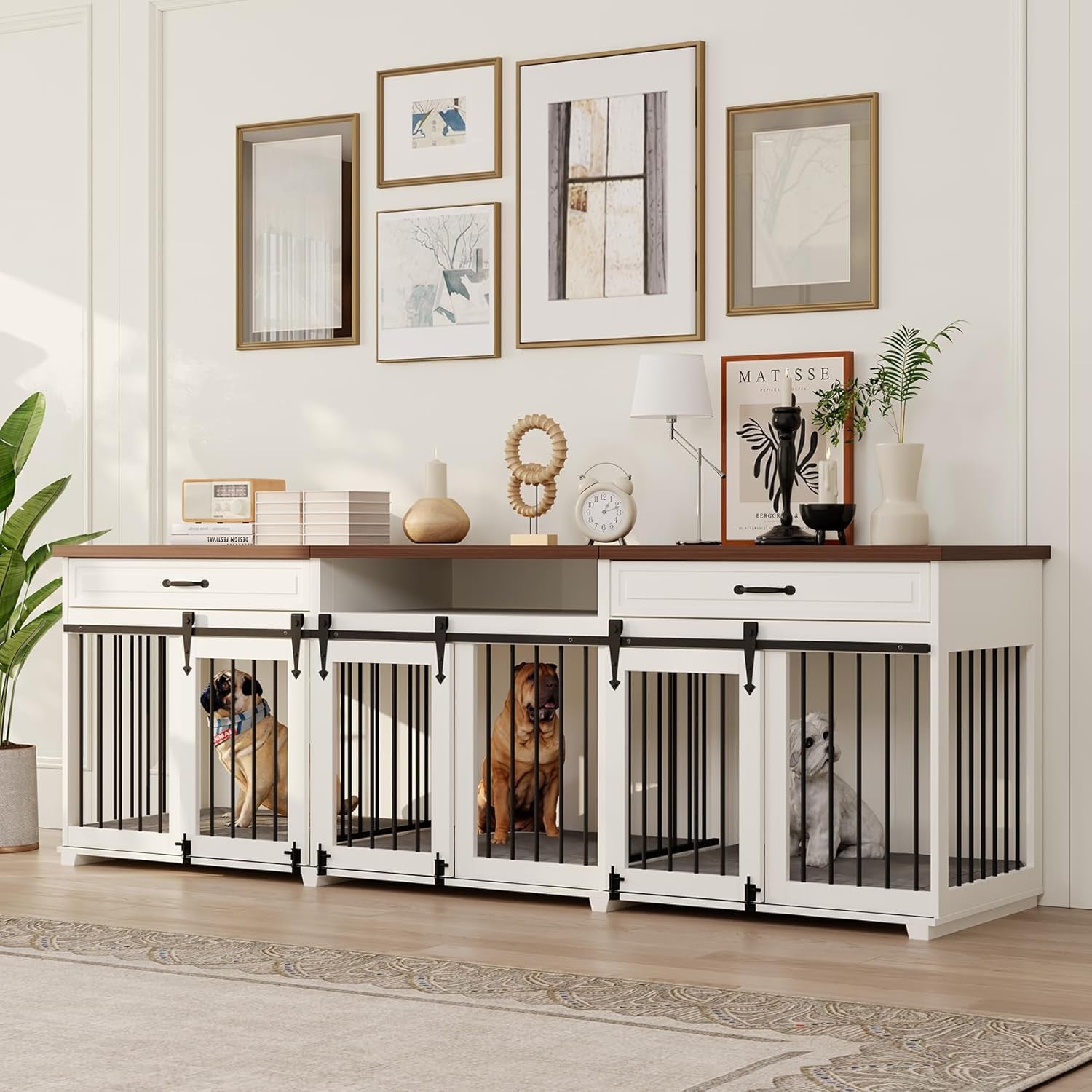 Dog Crate Furniture - Indoor Wooden Dog Furniture Crate Kennel with 3 Sliding Barn Doors, 2 Drawers & 1 Shelf - 95" Lx23.6 Wx31.5 H, White