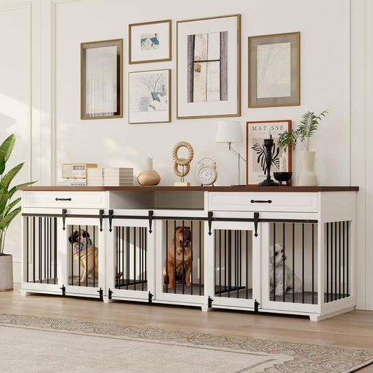 Dog Crate Furniture - Indoor Wooden Dog Furniture Crate Kennel with 3 Sliding Barn Doors, 2 Drawers & 1 Shelf - 95" Lx23.6 Wx31.5 H, White