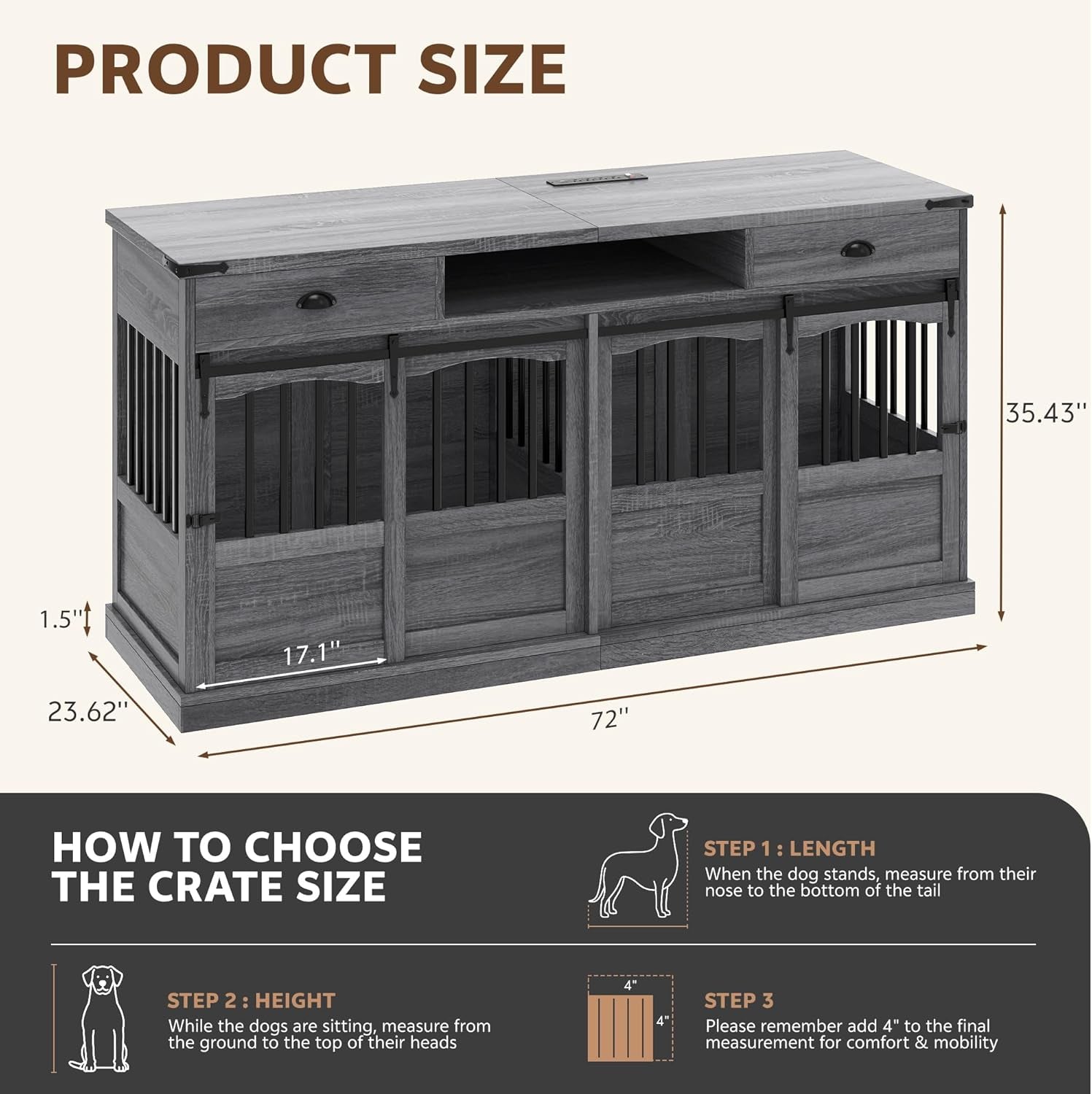 72" Double Dog Crate Furniture with Storage for 2 Medium Large Dogs Farmhouse Wooden Dog Kennel Furniture with 2 Sliding Doors Divider & Power Outlet Decorative Dog Cage TV Stand Grey
