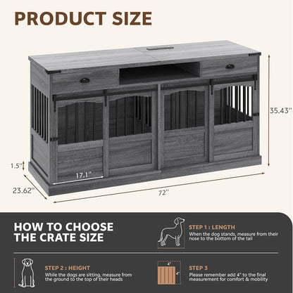 72" Double Dog Crate Furniture with Storage for 2 Medium Large Dogs Farmhouse Wooden Dog Kennel Furniture with 2 Sliding Doors Divider & Power Outlet Decorative Dog Cage TV Stand Grey