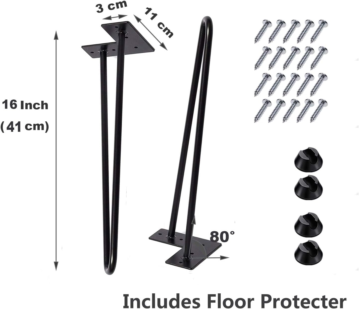Hairpin Legs 16 Inch Set of 4, DIY Metal Table Furniture Legs Ideal for Dining Table, Desk, 3/8" Diameter Mid Century Modern Style (16", Black)