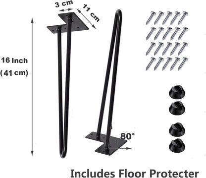 Hairpin Legs 16 Inch Set of 4, DIY Metal Table Furniture Legs Ideal for Dining Table, Desk, 3/8" Diameter Mid Century Modern Style (16", Black)
