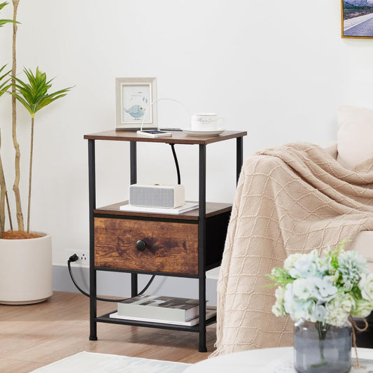 Night Stand Set 2, Nightstand with Charging Station, End Tables Living Room with Fabric Drawer for Small Spaces, Bed Side Tables with Storage Shelf for Bedroom, Rustic Brown HETS010PBR