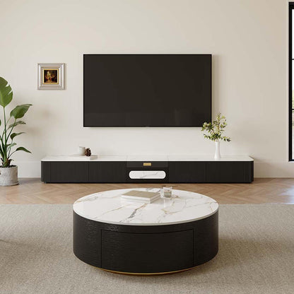 Modern Drum Coffee Table with Storage, Sintered Stone Top round Coffee Table with Drawers, Oak Veneer, Fully Assembled, 39.37"
