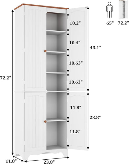 72" Kitchen Pantry Cabinet, Freestanding Storage Cabinets, Tall Food Pantry with Doors and Adjustable Shelves, Utility Floor Cabinet for Kitchen Dining Room Living Room, White