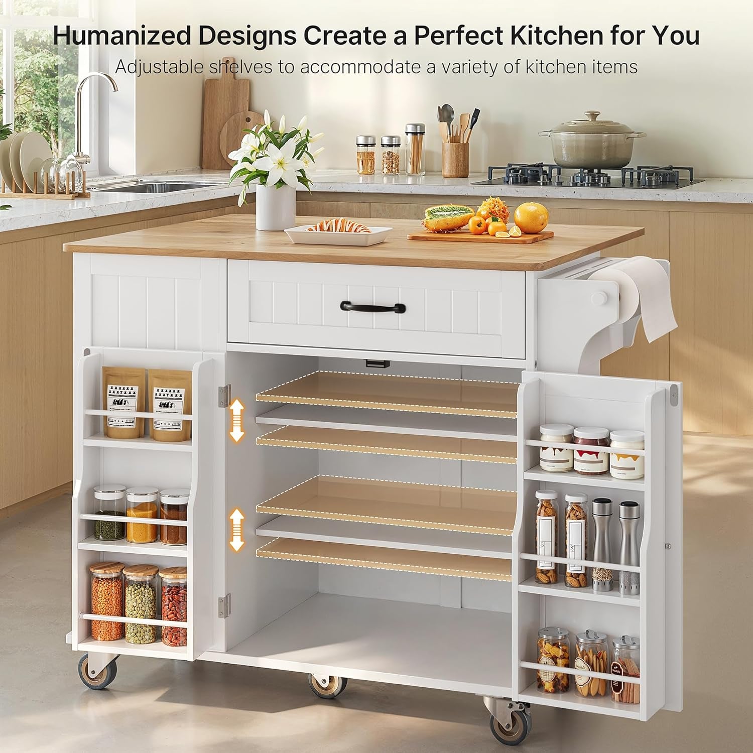 Kitchen Island with Storage, 44.49" Kitchen Island with Trash Can Storage, Drop Leaf Rubberwood Top, Knife Holder, Adjustable Shelf, Towel Bar, Drawer, Spice Rack, White