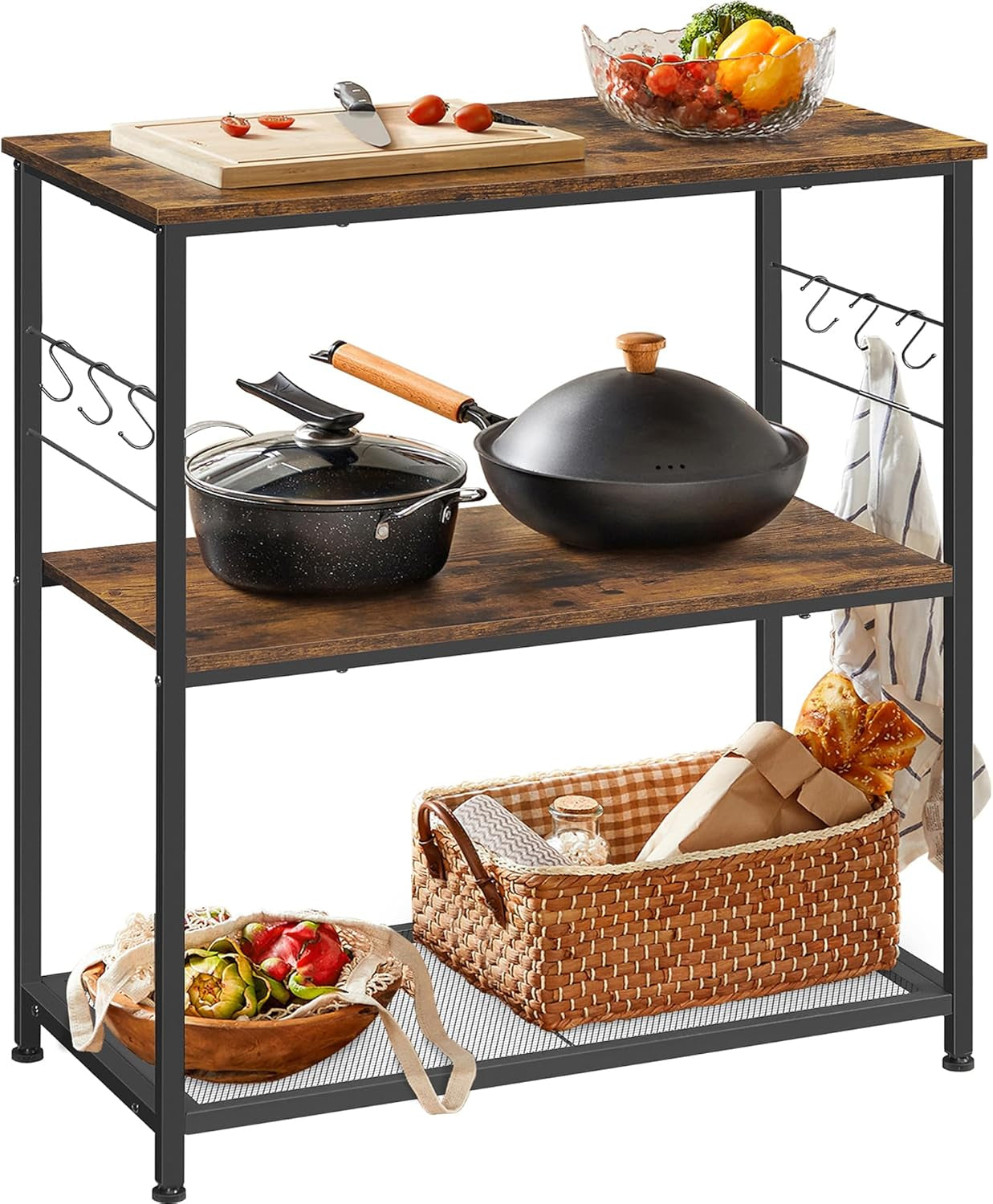 Bakers Rack, Kitchen Shelf, Kitchen Island, Microwave Oven Stand with 3 Open Shelves, 6 Hooks, Metal Frame, 15.7 X 31.5 X 35.4 Inches, Industrial, Rustic Brown and Black UKKI002B01