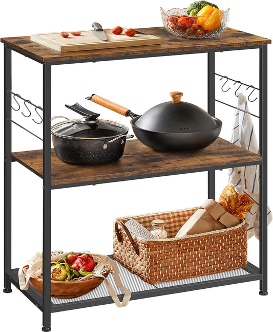 Bakers Rack, Kitchen Shelf, Kitchen Island, Microwave Oven Stand with 3 Open Shelves, 6 Hooks, Metal Frame, 15.7 X 31.5 X 35.4 Inches, Industrial, Rustic Brown and Black UKKI002B01
