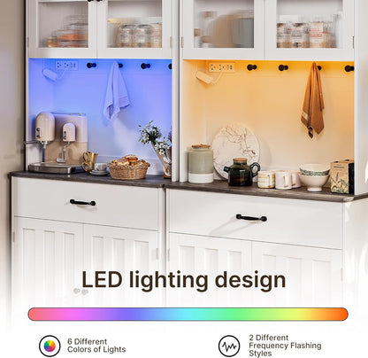 71" H Storage Cabinet with Strip Light, Kitchen Pantry Cabinet with Doors and Drawers, White Hutch with Charging Station and Adjustable Shelves, for Coffee Bar, Dining Room, Table Top-Retro