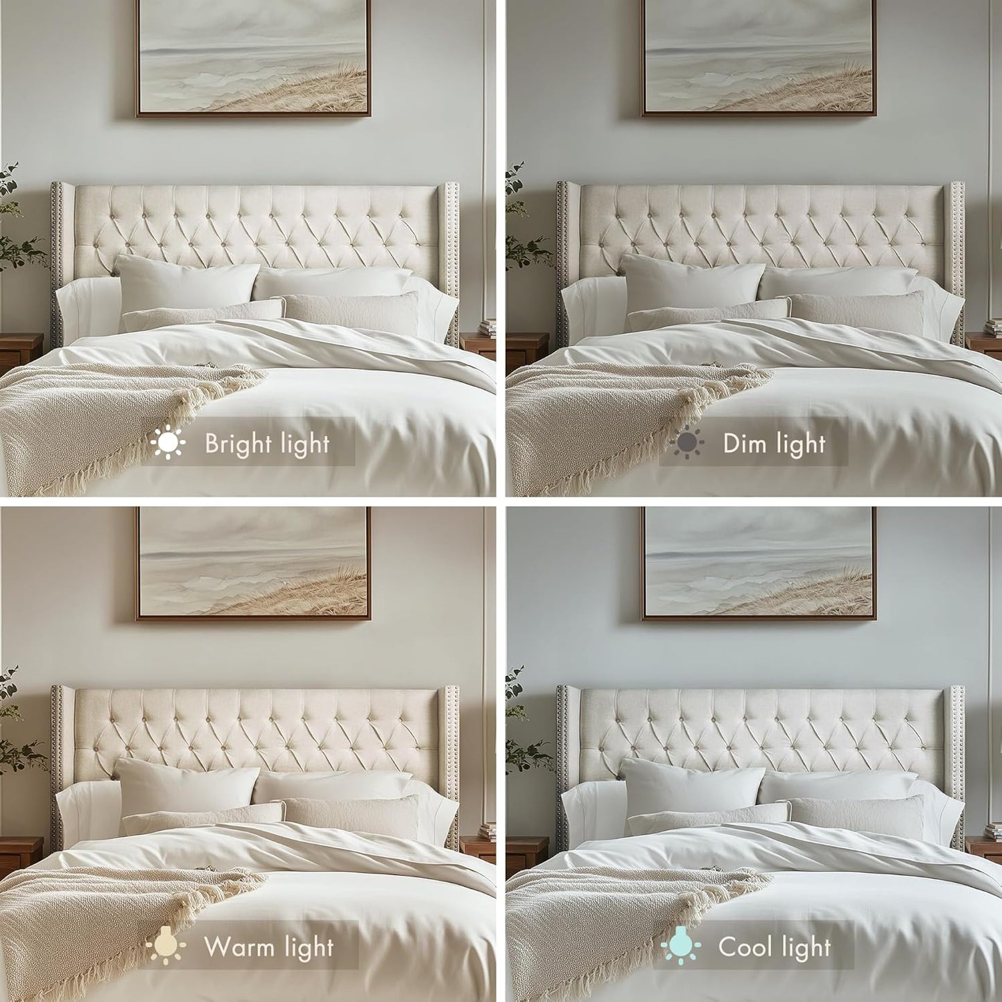 Amelia Upholstered Headboard | Nail Head Trim Wingback Button Tufted | Queen, Cream