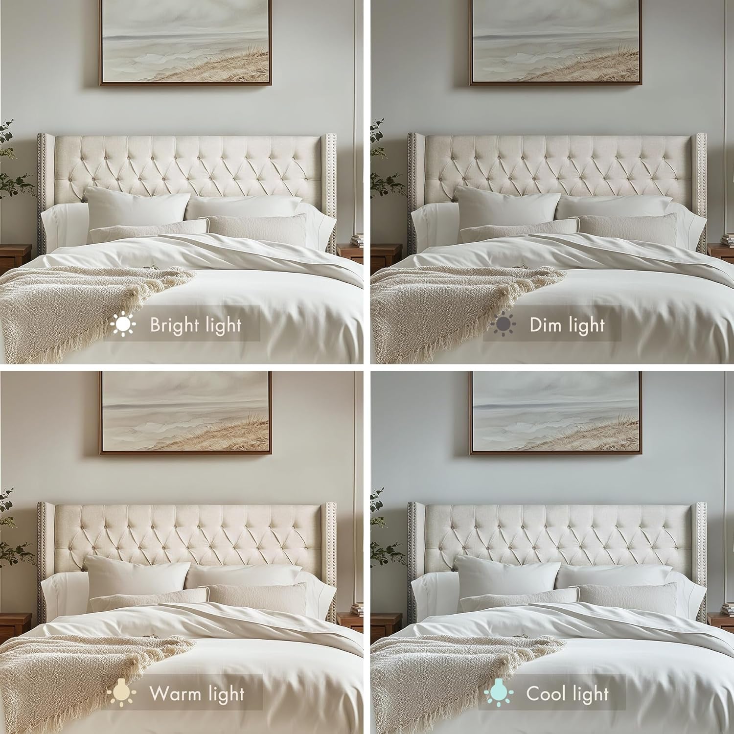 Amelia Upholstered Headboard | Nail Head Trim Wingback Button Tufted | Queen, Cream